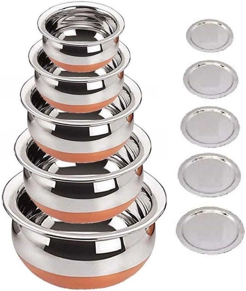 Shopeumโข Stainless Steel Copper Bottom Handi,patila, Pot Biryani Punjabi Handi Set with Lid 5 Pieces Serving Bowls with Lids Cookware Set Capacity:- 0.5 L,0.8 L,1.2 L,1.5 L,1.8 L,(Copper & Silver)