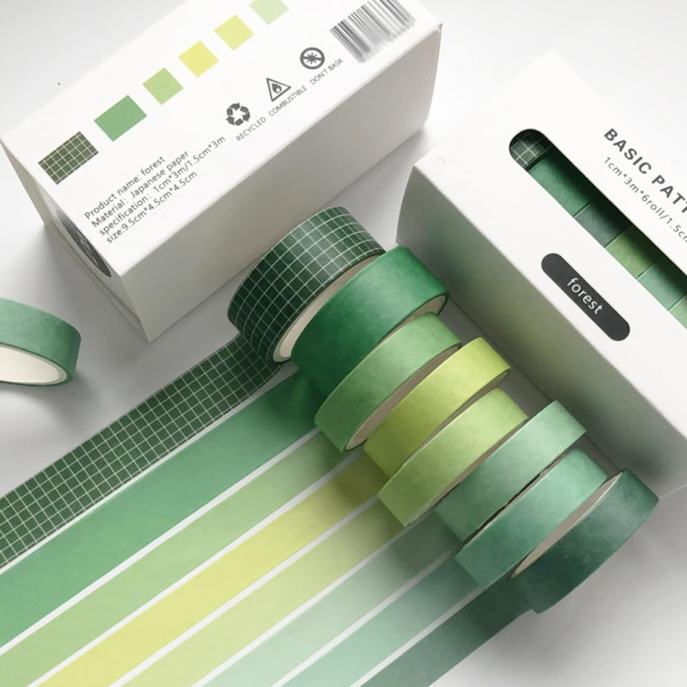 8 Rolls Washi Tape Set Basic Solid Color Green Plaid Grid Adhesive Decoration Label Masking Tapes for DIY Journaling Scrapbook Planners Art Craft
