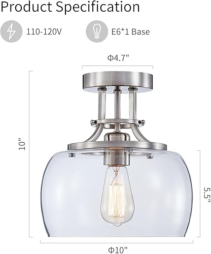 Miniatura 2 de WUZUPS Candelabro rústico rústico industrial redondo semiempotrado para techo con pantallas de vidrio transparente para baño, cocina, vestíbulo,