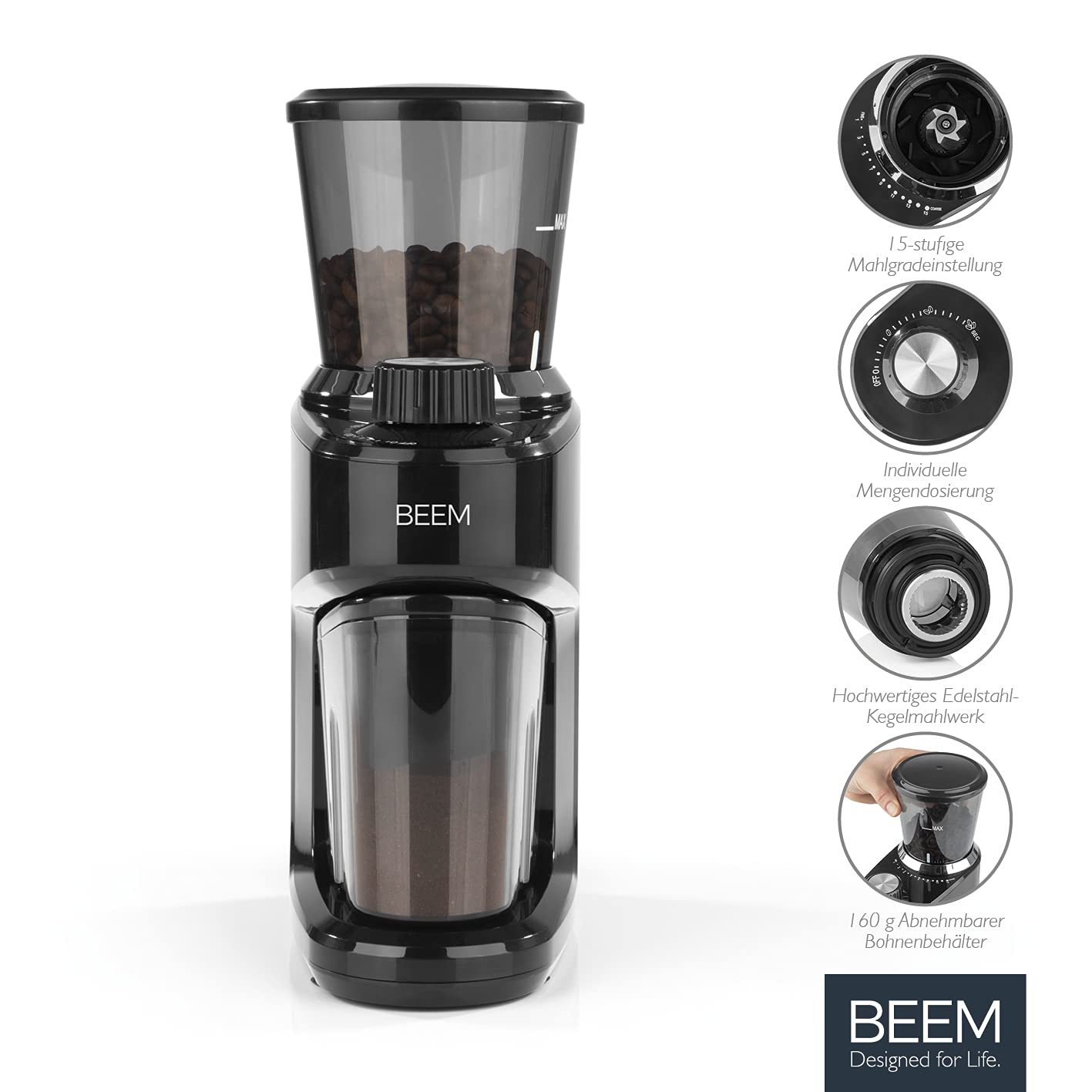 BEEM 3980 Grind-Intense Molinillo de café eléctrico, 160 g, mecanismo cónico de acero inoxidable, ajuste de grado de molienda de 15 niveles, recipiente de granos extraíble, 150 W
