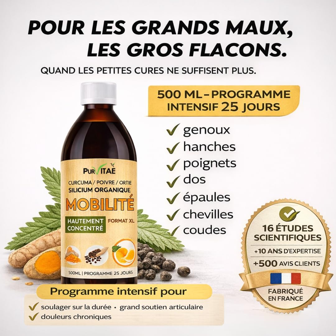 Mobilité XL Articulations Pur Vitaé – Curcuma + MSM + Glucosamine + Chondroïtine + Silicium Organique – Tendons, Cartilage & Inflammation – Hautement Concentré – Goût Orange – 500 ml