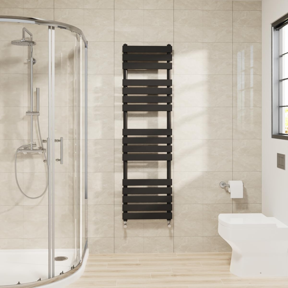 Warmehaus Black Flat Panel Heated Towel Rail Bathroom Ladder Radiator Warmer 1600X450mm