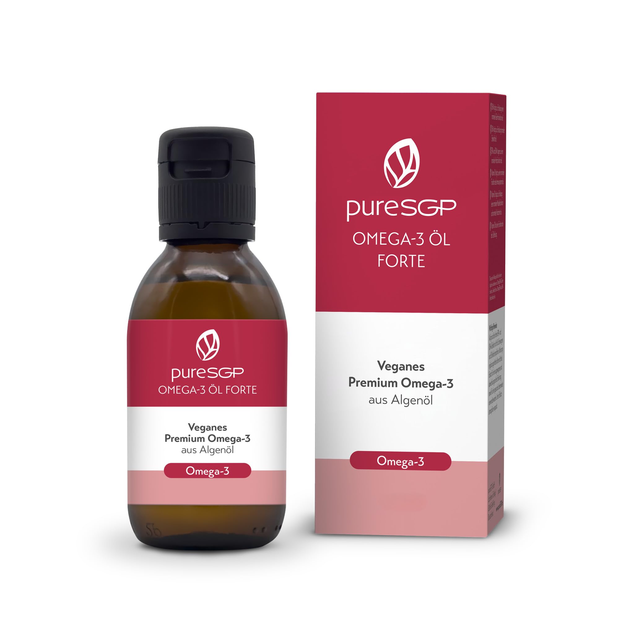 pureSGP® Omega-3 Öl FORTE [150ml]: Höchstdosiert, rein und pflanzlich - 2.123 mg Omega-3 pro Tag, 3.700 mg Algenöl mit DHA und EPA. Angereichert mit Vitamin D3 und Olivenöl. Feiner Zitronengeschmack.