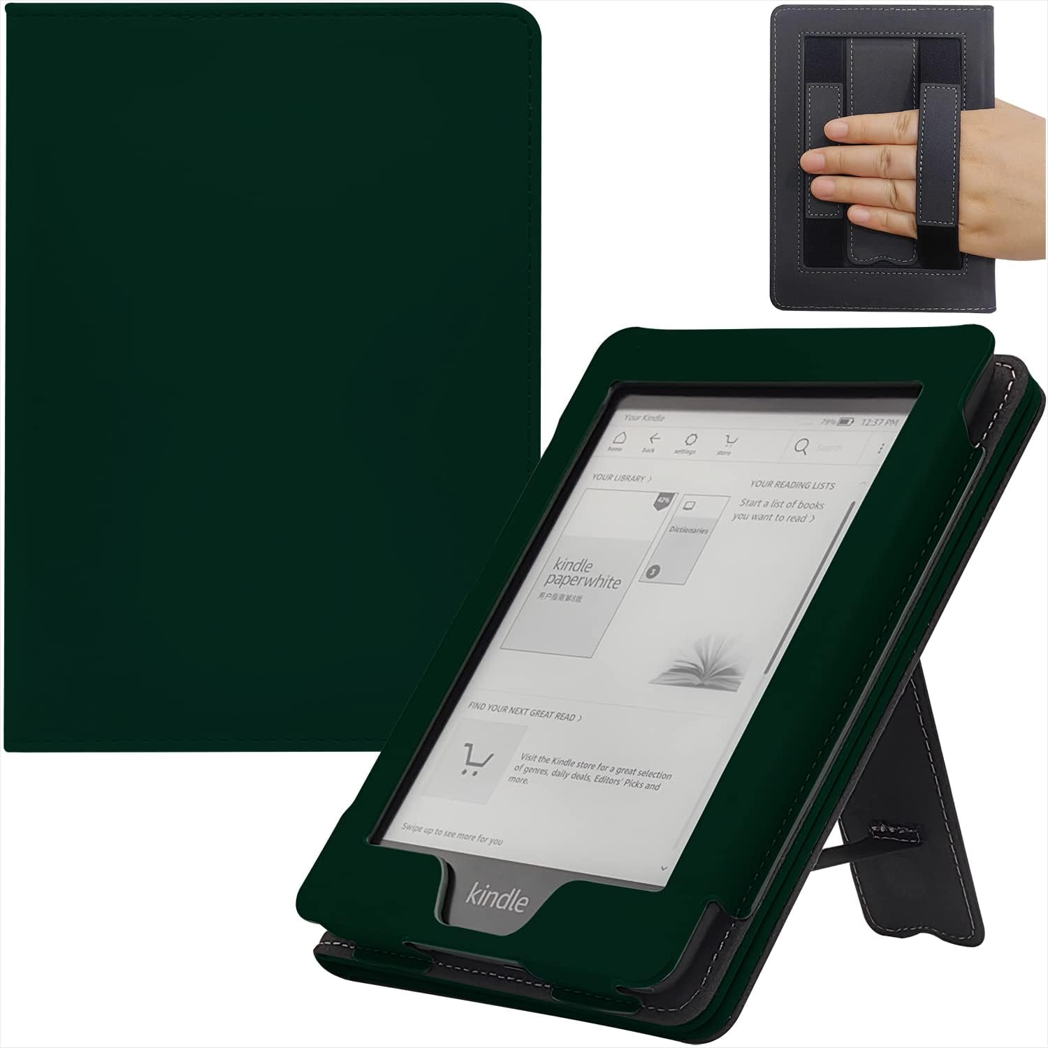 Stand Case for 6 Inch Kindle Paperwhite (10th/7th/6th 5th Generation and All 6'' Paperwhite Generations 2012 to 2018) Cover with Auto Sleep/Wake & Double Hand-held (Green)