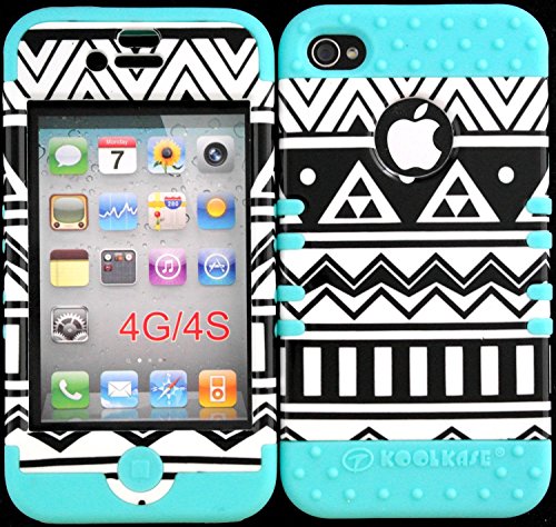 Bumper Case for Iphone 4 4s Black & White Aztec Design Hard Plastic Snap on Baby Teal Silicone Gel by Kool Case