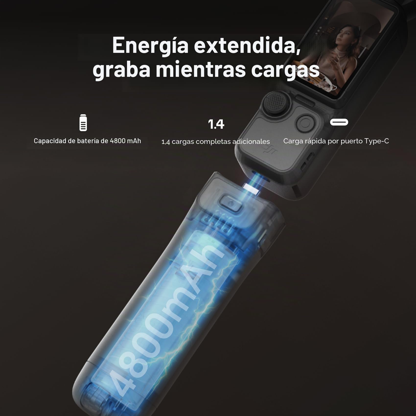 PGYTECH Empuñadura con Batería para dji Osmo Pocket 4/3, 4800mAh Power Bank con Mini Trípode Integrado, Accesorio de Carga Tipo C con Rosca 1/4"
