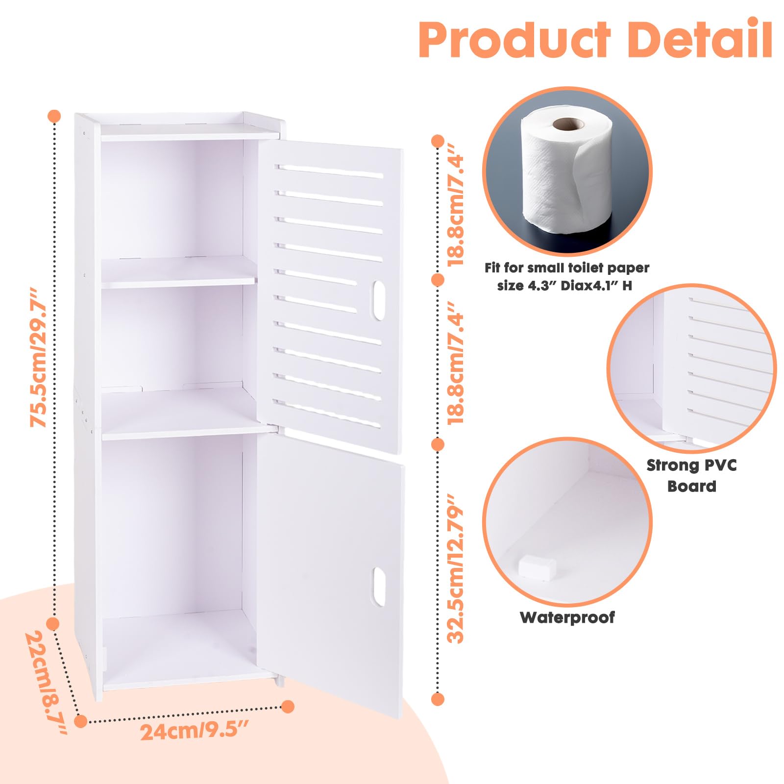 powerking 3 Nivel Baño Armario de Almacenamiento, Organizador Independiente con Puertas, Armario de Piso de Almacenamiento Blanco para Dormitorio, Aseo, Sala de Estar, Cocina, Balcón, Oficina