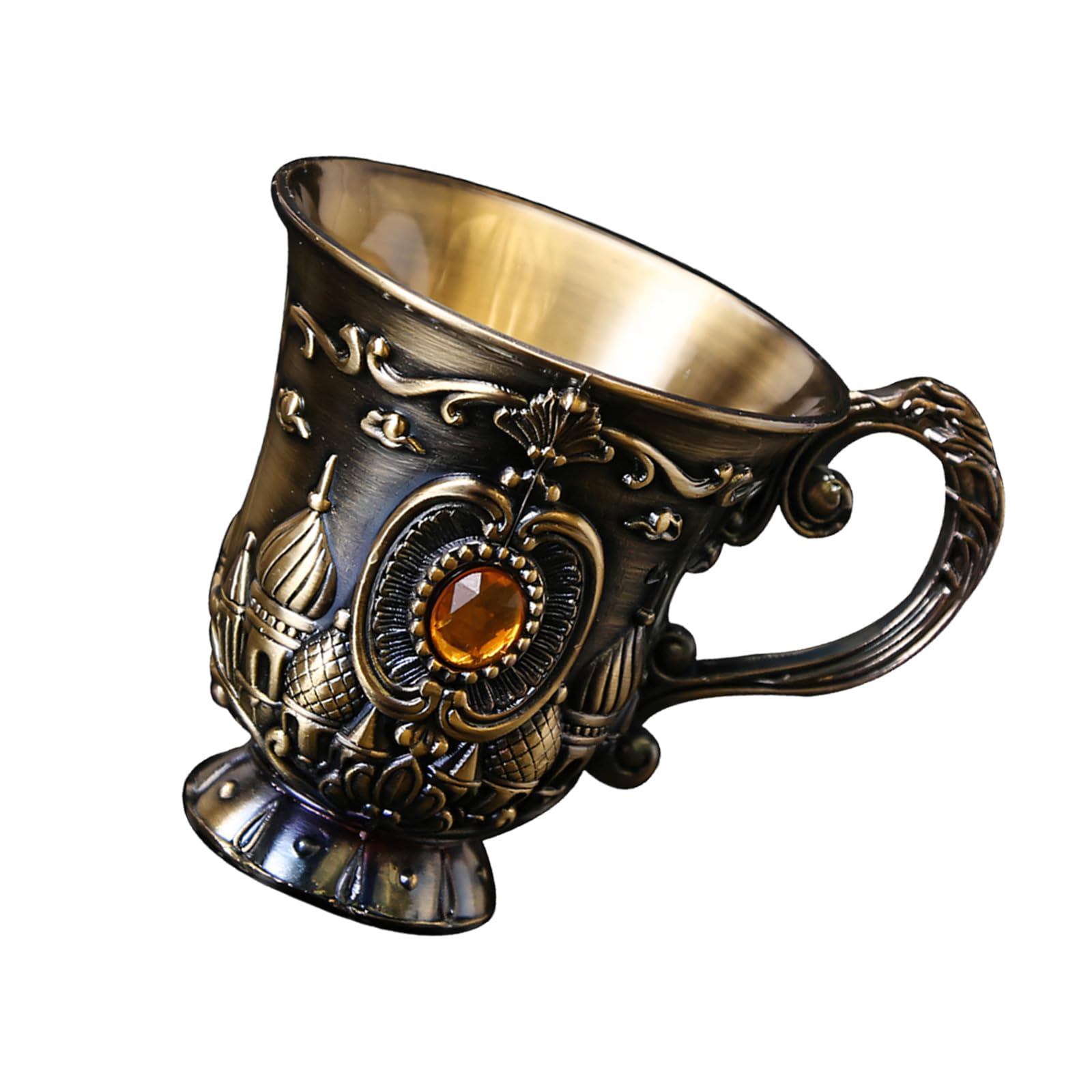 MALSSE European Metal Embossing Goblet Shot Glasses Gemstones Drinking Cup with Handle for Wine Cocktails and Home Decors Metal Wine Glass