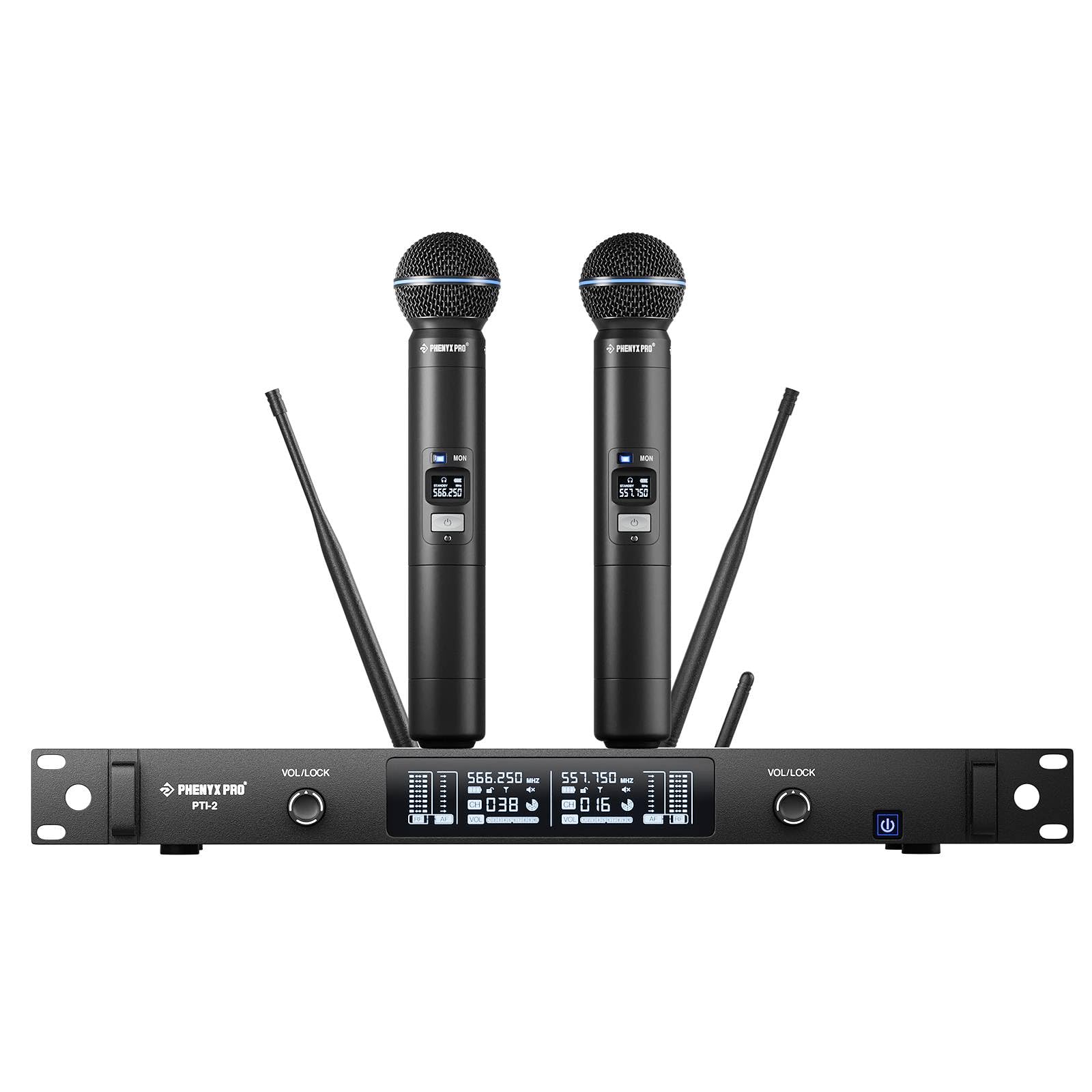 Phenyx Pro UHF Smart Wireless Microphone System, Dual Cordless Mics w/Auto Scan&Sync, Adaptive RF Power, Talkback Function, 2x100 Freq, 328 ft, Dynamic Microphones for Live Show, Event (PTI-2)
