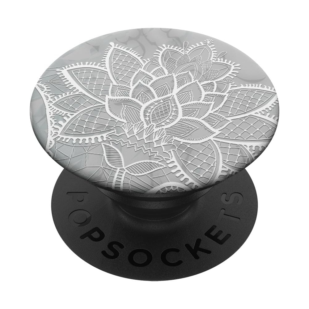 White Grey Lotus Mandala Floral Geometric Sacred Yoga Gift PopSockets Adhesive PopGrip