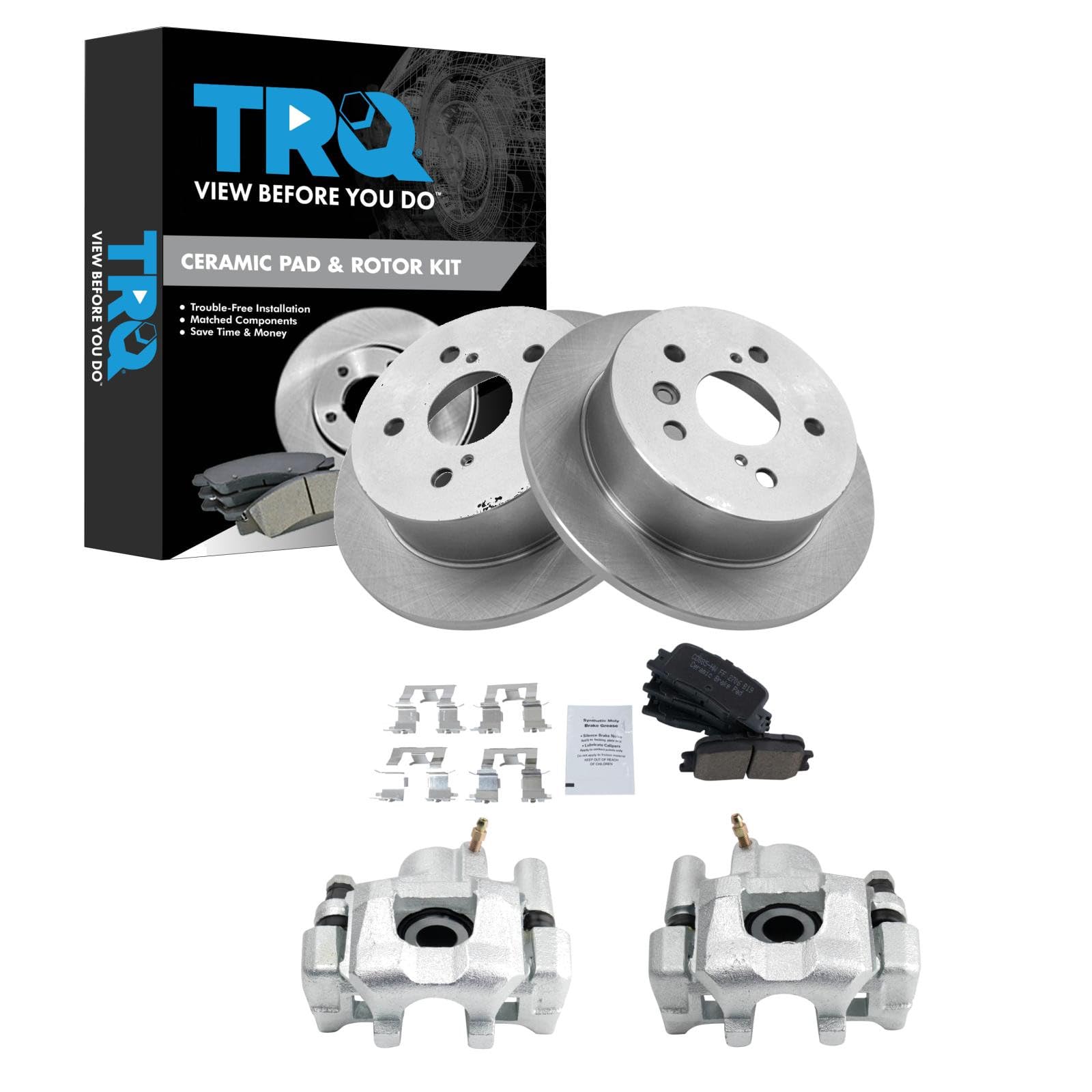 TRQ Rear Brake Pad and Rotor Set Ceramic Solid Rotors Calipers