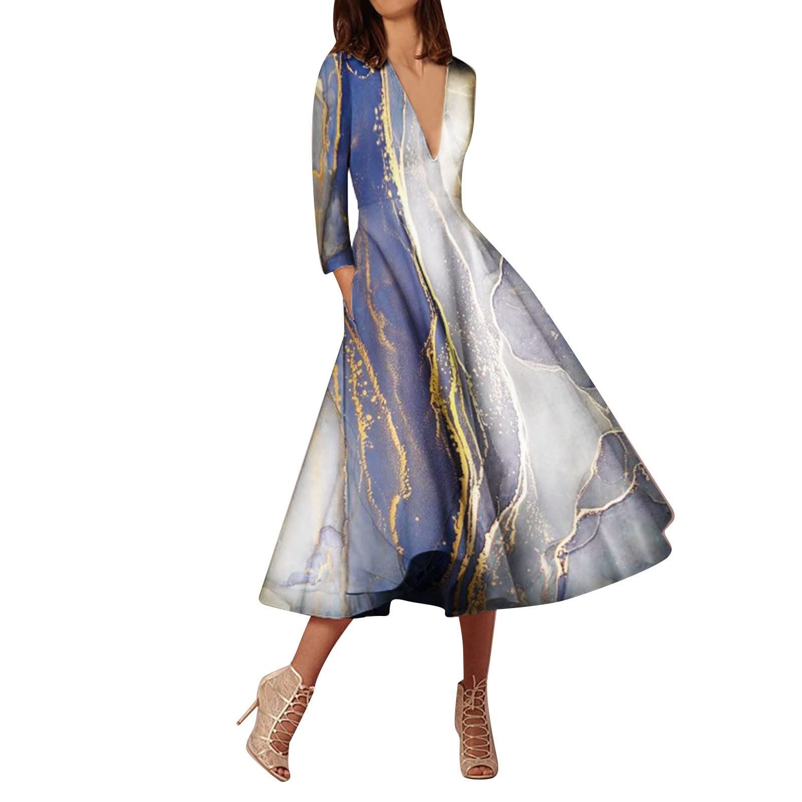 Hanaturu Vestidos playeros,Vestido de Tren de Manga Larga con Cuello en V Elegante para Mujer Faldas Largas Invierno MujerVestido De Verano,Vestido De Fiesta,Vestidos de Fiesta,Vestido Playa Mujer,