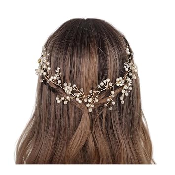 Aimimier Bridal Hair Vine Faux Pearl and Crystal Headband Extro Long Crystal Hair Band for Bride Bridesmaid Prom Party Festival Hair Jewelry for Women Gold