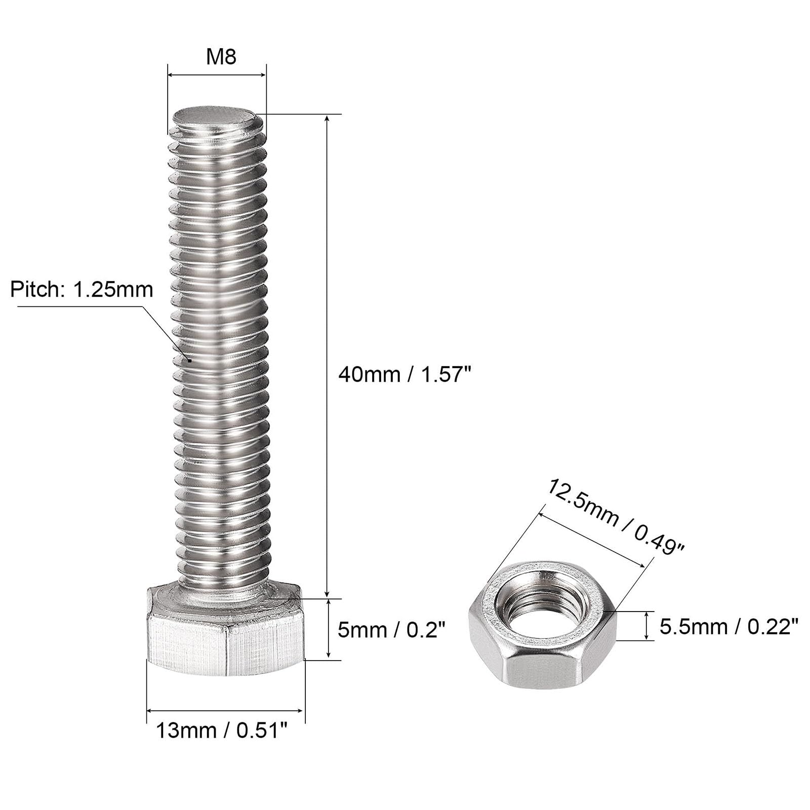 TOP-VIGOR 4Pcs M8 x 40mm Hex Head Screws Bolts, Nuts, Flat & Lock Washers Kits - Image 2