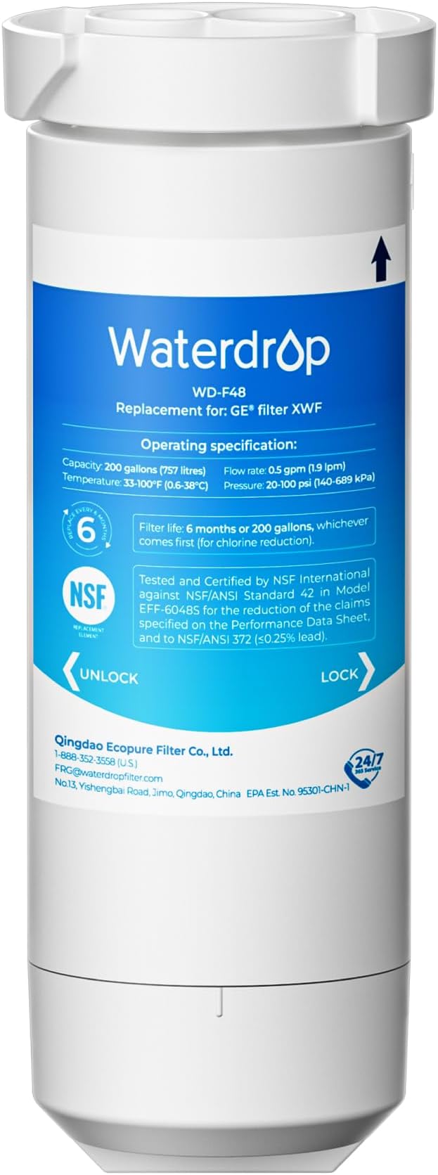 XWF Refrigerator Water Filter, Replacement for GE® XWF, WR17X30702, NSF 42/372 Certified, Compatible with GE® GNE27, GFE26, GDE25, GSS25, PSE25 Series Refrigerators, 1-Pack (Not XWFE)