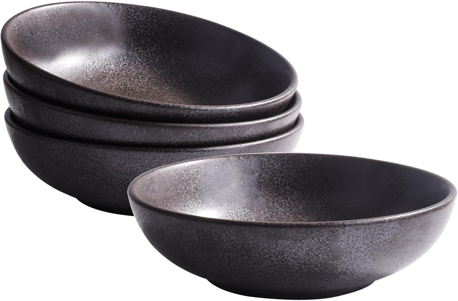 Ceramic Pasta Bowls Set of 4, Large Shallow Salad Bowls, 8 Inch Wide Soup Bowls for Kitchen, Matte Black Speckled Finish, Microwave & Dishwasher Safe, Versatile Serving Bowls for Pasta, Salad, Dessert