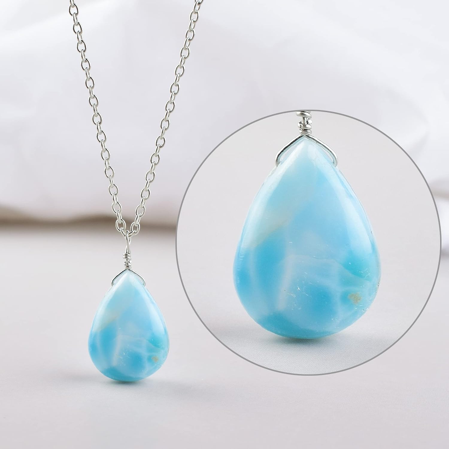 Natural Larimar Pendant Rhodium Plated 925 Sterling Silver, Gemstone Necklace, Artisan Pendant, Silver Jewelry, Silver Wire, Dainty Pendant, Gift Her - Image 5