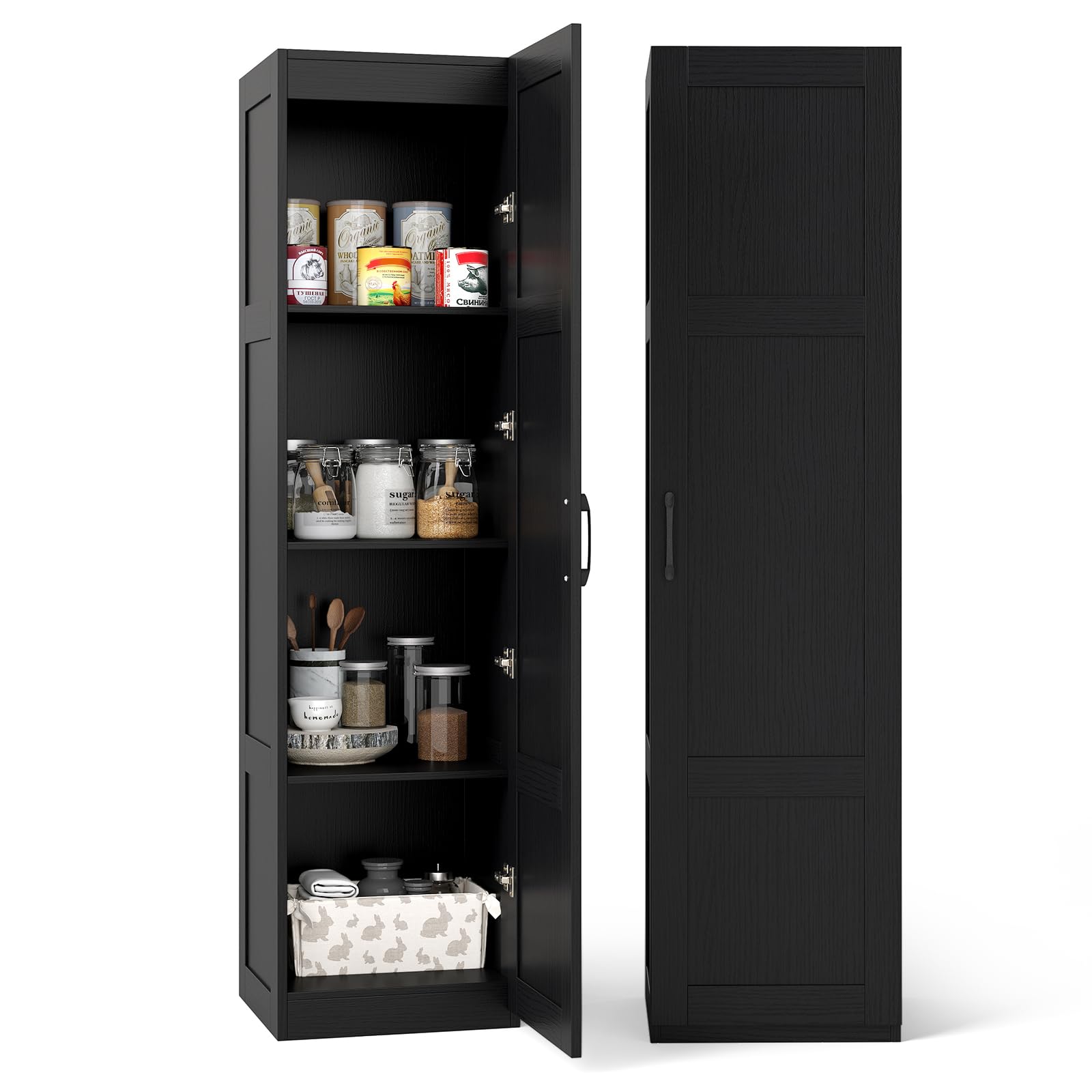 COSTWAY 150cm Tall Kitchen Cupboard, 4-tier Buffet Pantry Storage Cabinet with Anti-tipping Device, Freestanding Narrow Sideboard Organizer Unit for Dining Room Living Room (Black)