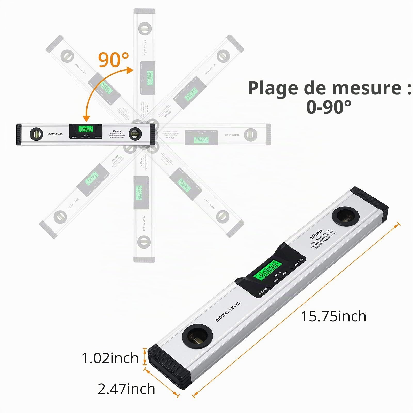 Neoteck 400mm/16inch Niveau à Bulle Numérique avec Indicateur Audio Numérique Spirit Level-Finder Angle en Alliage d'Aluminium avec Base Magnétique Outils de Mesure Angle Jauge Grand Écran LED Clair