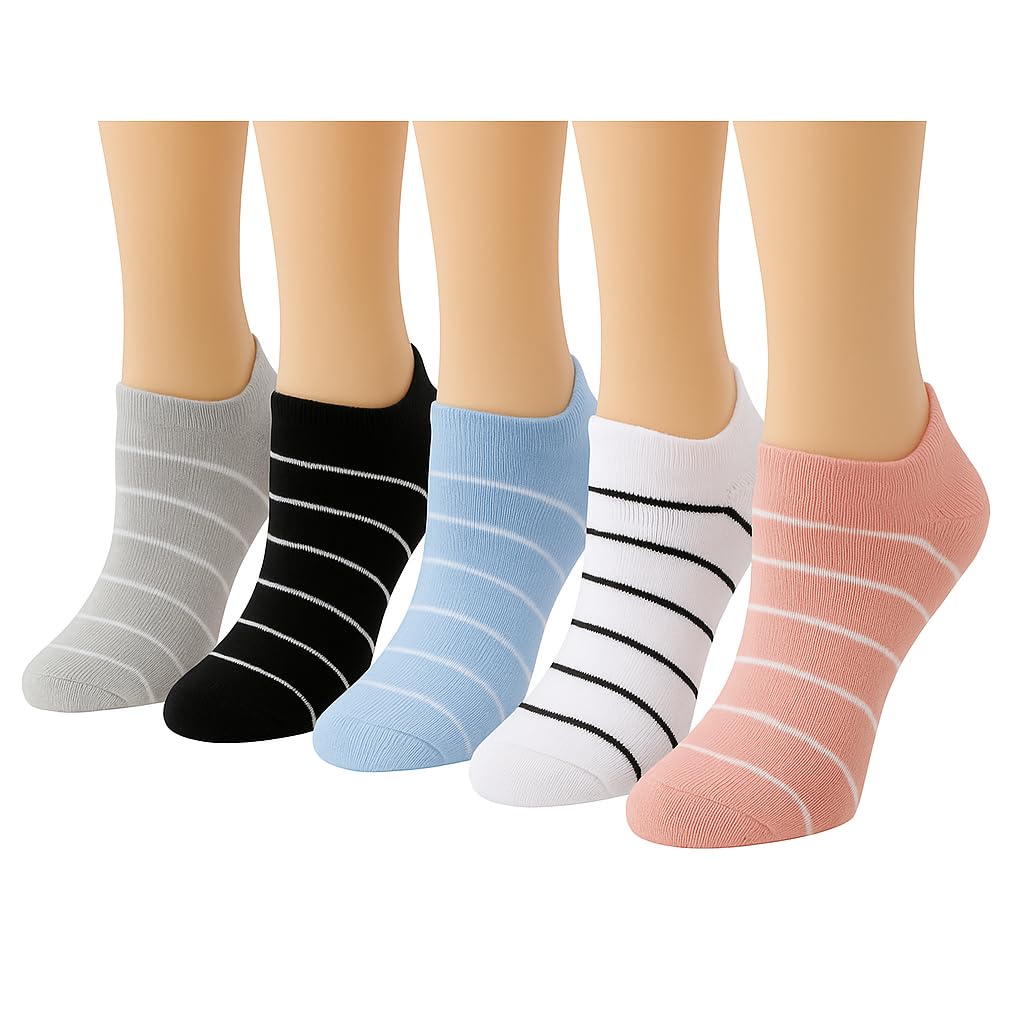 bahuzo Women Ankle Socks, Lightweight Breathable Striped Design, Multi-Color Pack of 5-picture-34