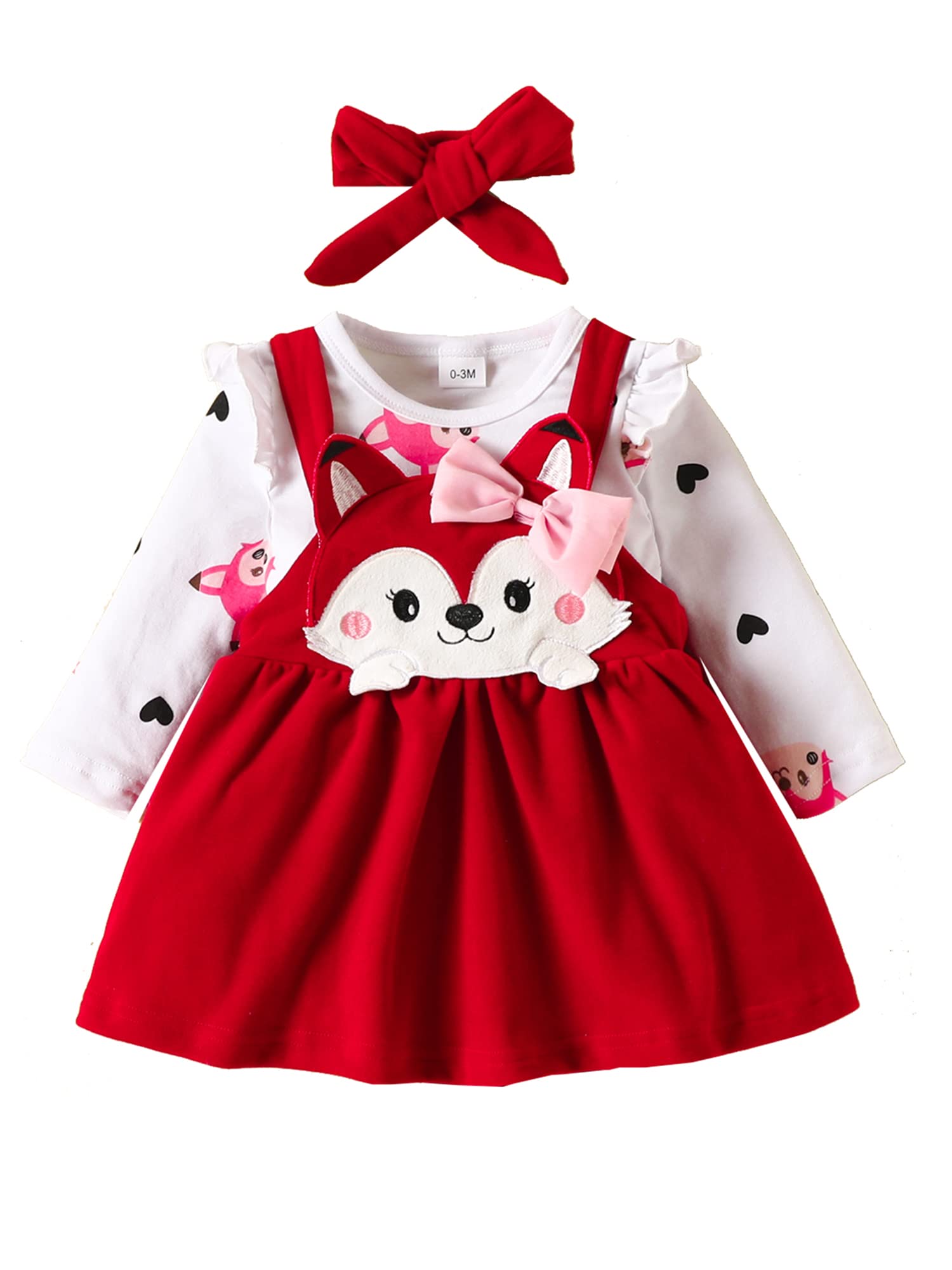 Baby Girls Autumn 3 Piece Outfits Long Sleeve Ruffle Romper and Fox Print Suspender Skirt Headband Sets
