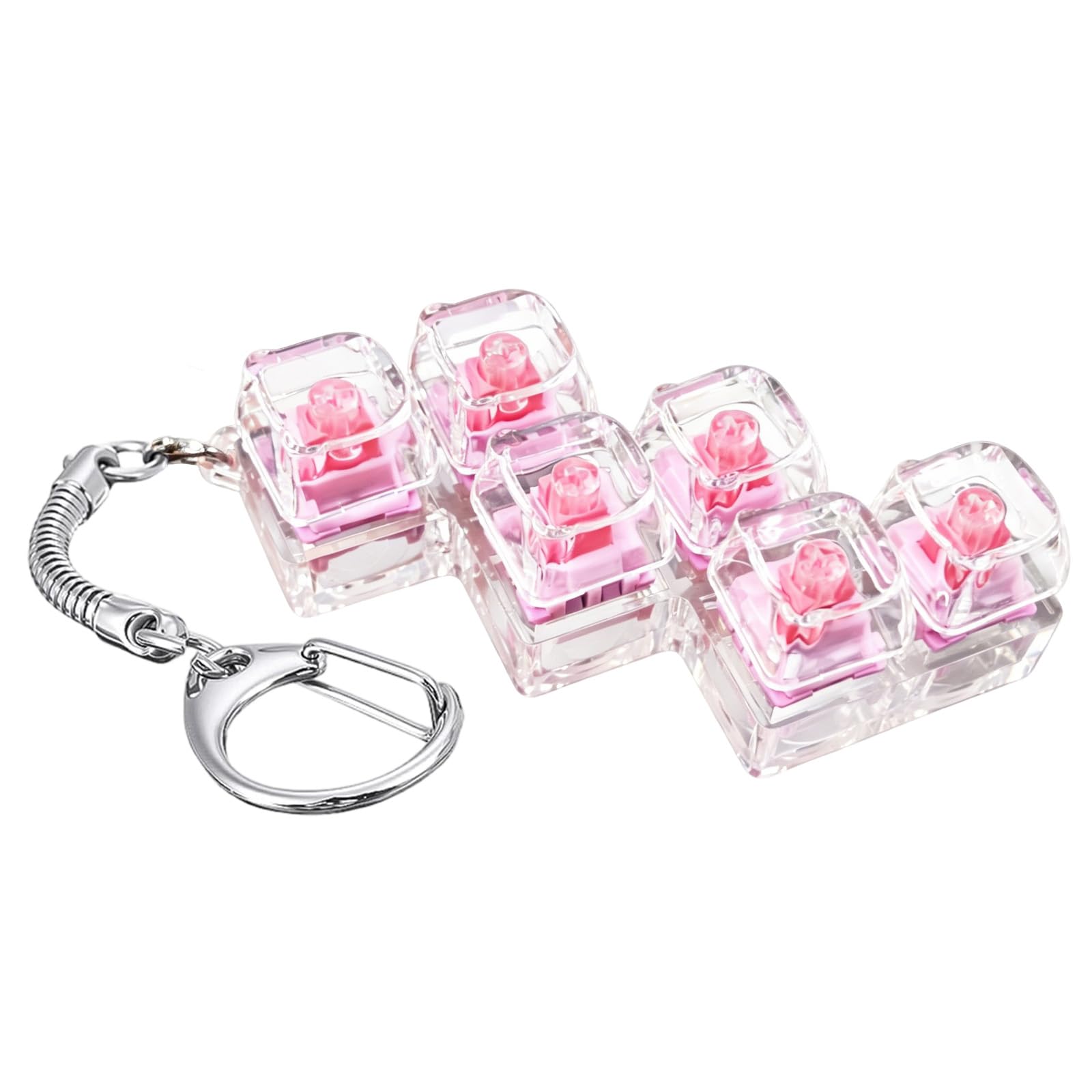 Clear Pink Keyboard Fidget Toy, Fun Fidget Keyboard, 6-Key Step-Type Plastic Fidget Keyboard with Bear Head Caps, 3.94×1.57×1.06Inch, Portable Keychain Stress Relief Toy, Great for Office Home Travel