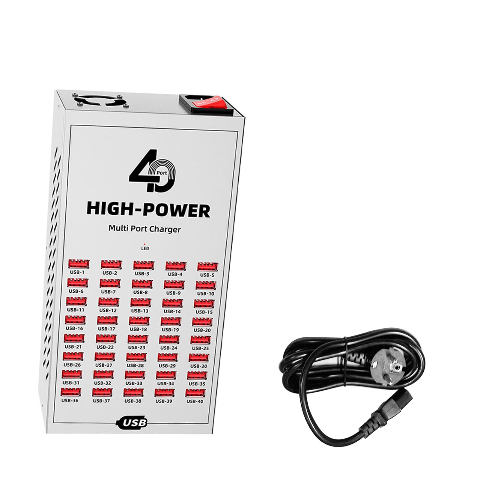 Jiawu Stazione di Ricarica USB Portatile a 40 Porte, Dissipazione Rapida del Calore, Rendimento Elevato, Ventola di Raffreddamento con Custodia in Metallo per Viaggi, Ufficio Domestico (Spina