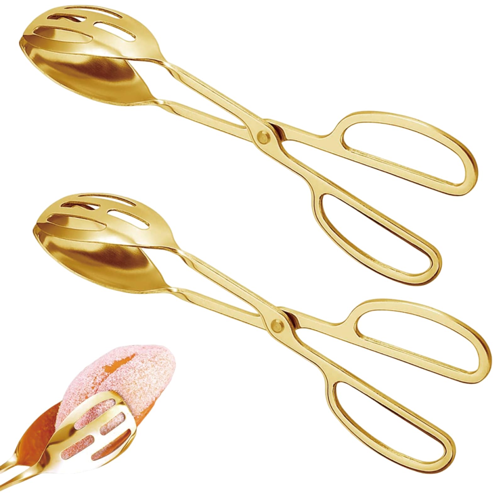 Kitchen Tongs for Cooking and Serving, Golden Food Tongs with Hollow Design for Draining Oil and Water, Ideal for Barbecues, Parties and Professional Kitchens, Set of Two