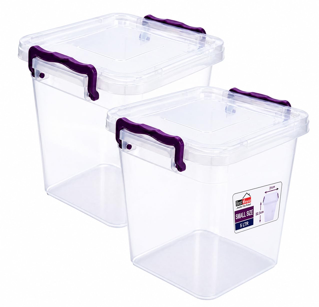 Best House 5 Litres Deep Clear Storage Box Container with Lid Square and Handles, Stackable Organizer Bin for Home, Kitchen, Garage, and Store Cloths, Boots, Toys, Food, and Accessories (Pack of 2)