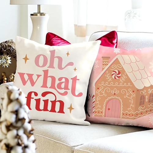 Miniatura 2 de PANDICORN Juego de 4 fundas de almohada de Navidad rosas de 18 x 18 pulgadas, diseño de casa de jengibre de Papá Noel, decoración de Navidad,