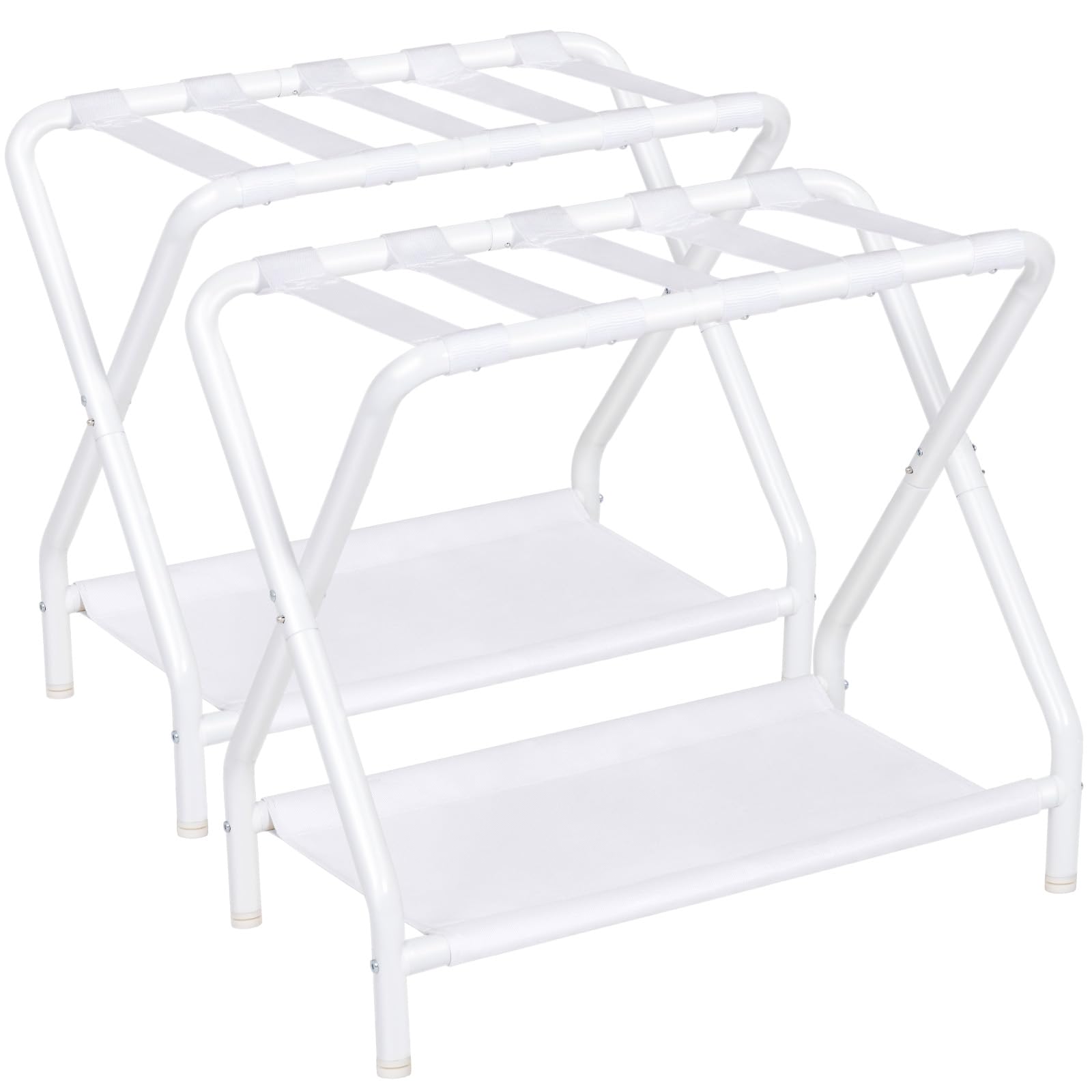 amhancible luggage rack, set of 2, foldable suitcase stands for guest room, metal luggage holder with storage shelf for bedroom, hotel, easy assemble, white hlr02wt