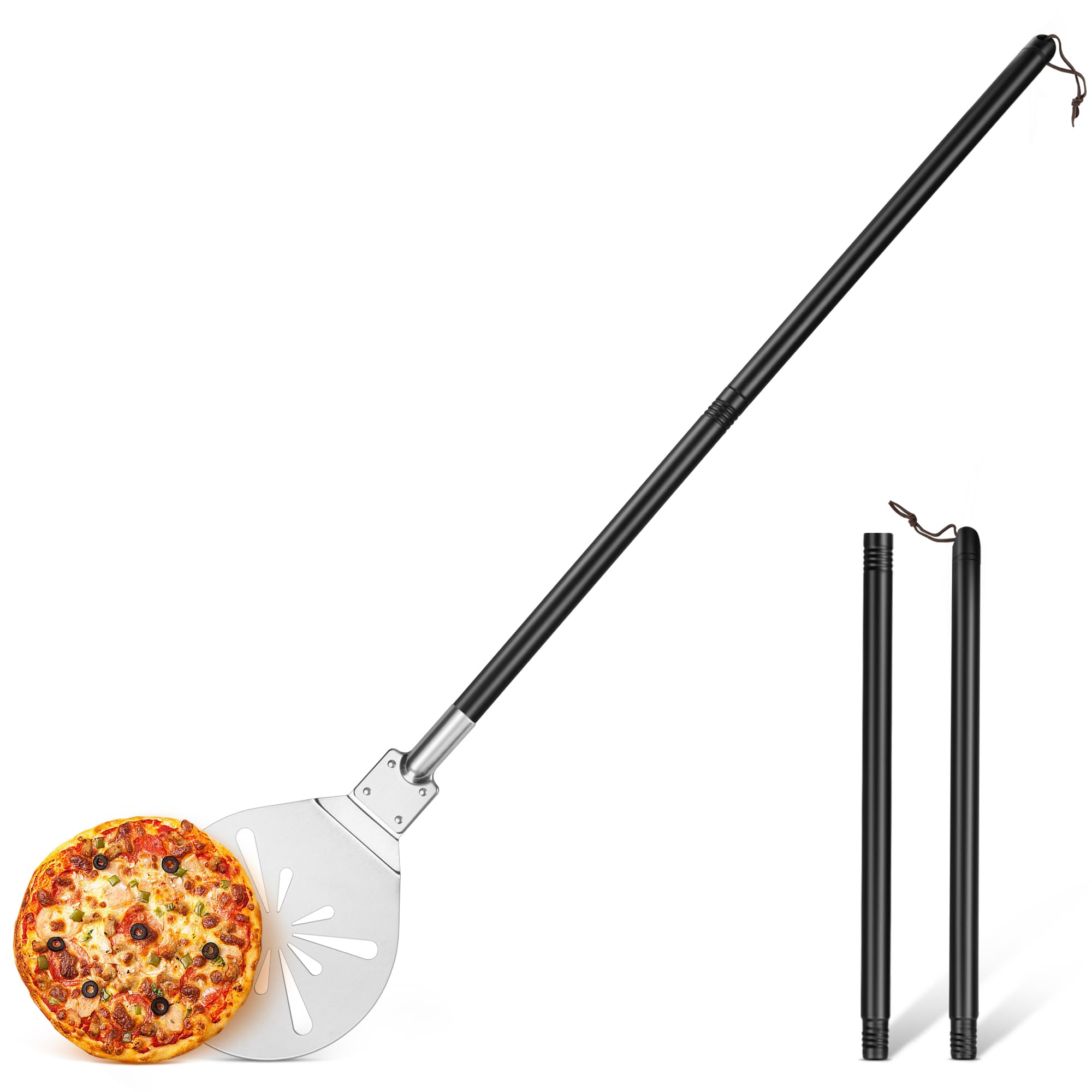Onader Perforowana łopatka do pizzy, ze stali nierdzewnej, okrągła łopatka do pizzy, ze zdejmowanym metalowym uchwytem, do pizzy, chleba, ciasta, zdrowa i łatwa do czyszczenia – 17,8 x 30,7 x 112,5 cm