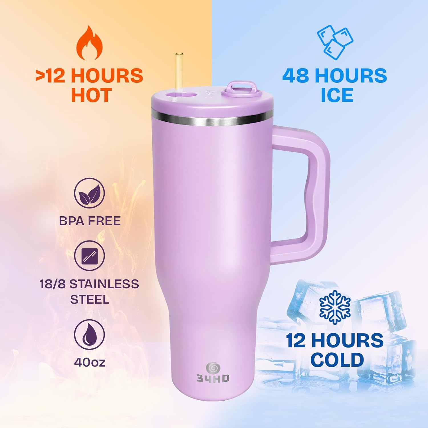 34HD 40 oz Stainless Steel Tumbler - Leakproof Insulated Water Bottle with Handle, Magnetic Lid and Flexible Straw - Iced for 48 Hours – Perfect for Men, Women, Birthday Gift, Purple - Lilac Bloom - Image 5