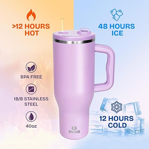 Miniatura 5 de 34HD Vaso de acero inoxidable de 40 onzas  Botella de agua aislada a prueba de fugas con asa, tapa magnética y popote flexible  Helado durante 48