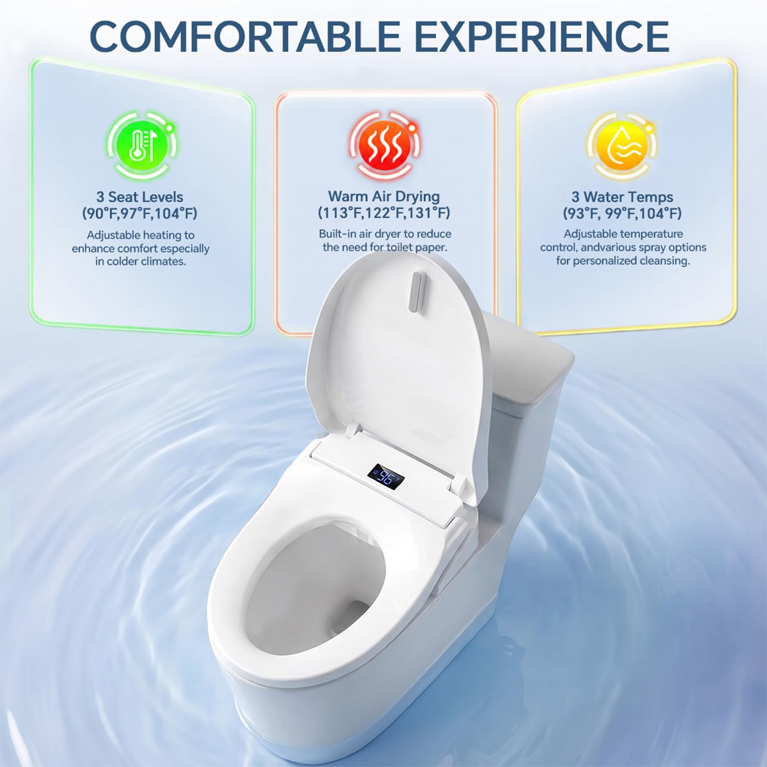 Wydłużona deska sedesowa bidet, elektrycznie podgrzewana deska sedesowa z natychmiastową ciepłą wodą, pilot zdalnego sterowania i pokrętłem bocznym, dysza samoczyszcząca, miękka pokrywa, lampka