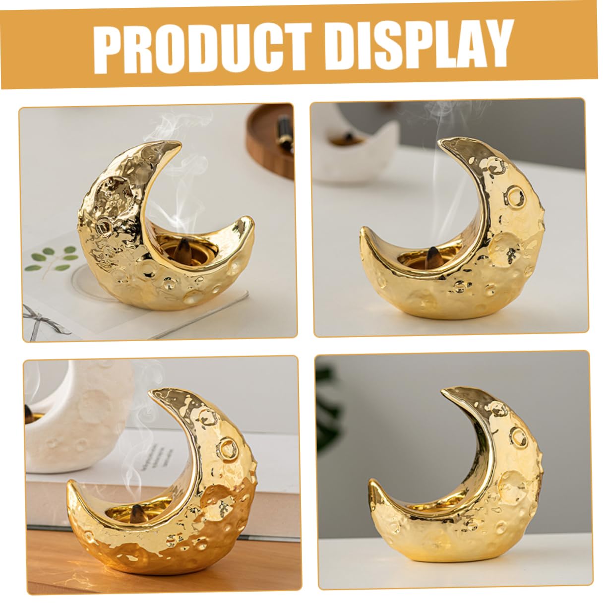 Eleganter Keramischer Mond Räucherstäbchenhalter für Aromatherapie | Goldfarbenes Design, für Zuhause und Saunaraum, Kunstvolle Form, Langlebige Verarbeitung