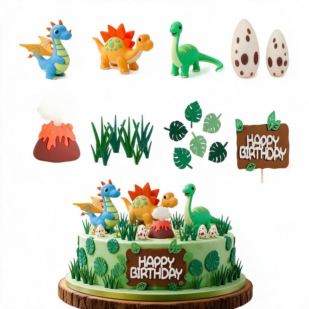 21PCS Dinosaur Cake Topper, Dinosaur Cake Decorations for Birthday Party | Dinosaur Eggs Volcano Leaves Grasses Decorations with Happy Birthday Cake Topper for Dinosaur Theme