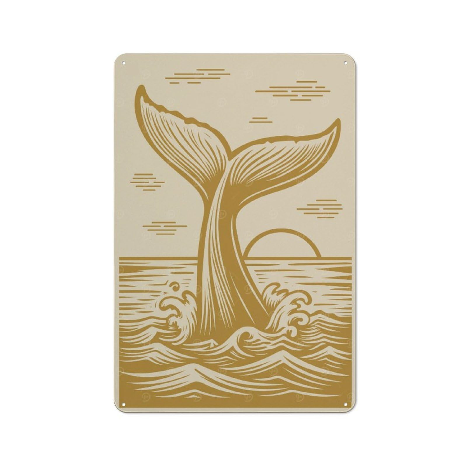 Junmoney Whale Tail With Sun And Waves Golden Beige Understated Office Metal Sign 30X20cm Featuring Study Room Decor For Home Office, Reading Corner Or Bedroom