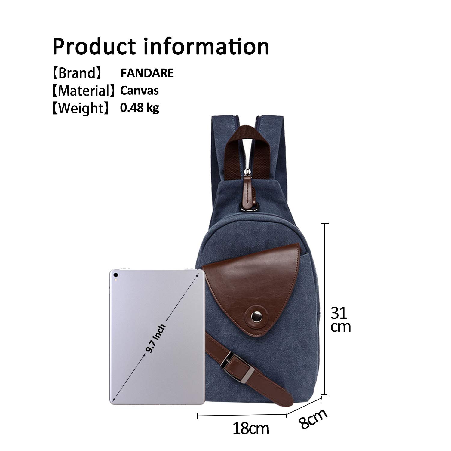FANDARE Klassische Sling Bag Sport Rucksack Party Outdoor Tragbare Crossbody Tasche Damen/Herren Breathable Verschleißfeste Leinwand Blau