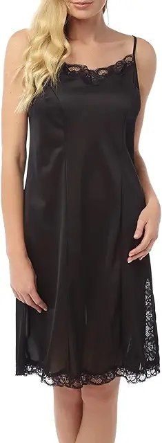 Long Black Satin Nightdress with Adjustable Straps & Lace Trim