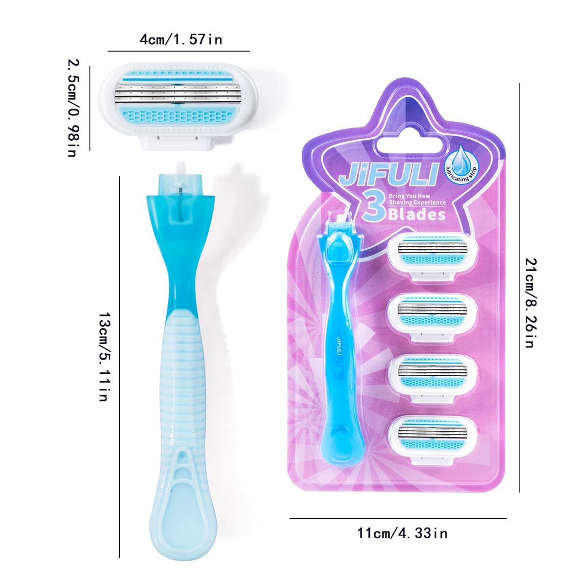 Womens Razor, 3 blades with pivoting head and lubricating strip, 1 handle + 4 replacement heads,Womens Disposable Safety Intimate Bikini Area Razor (Niebieski)