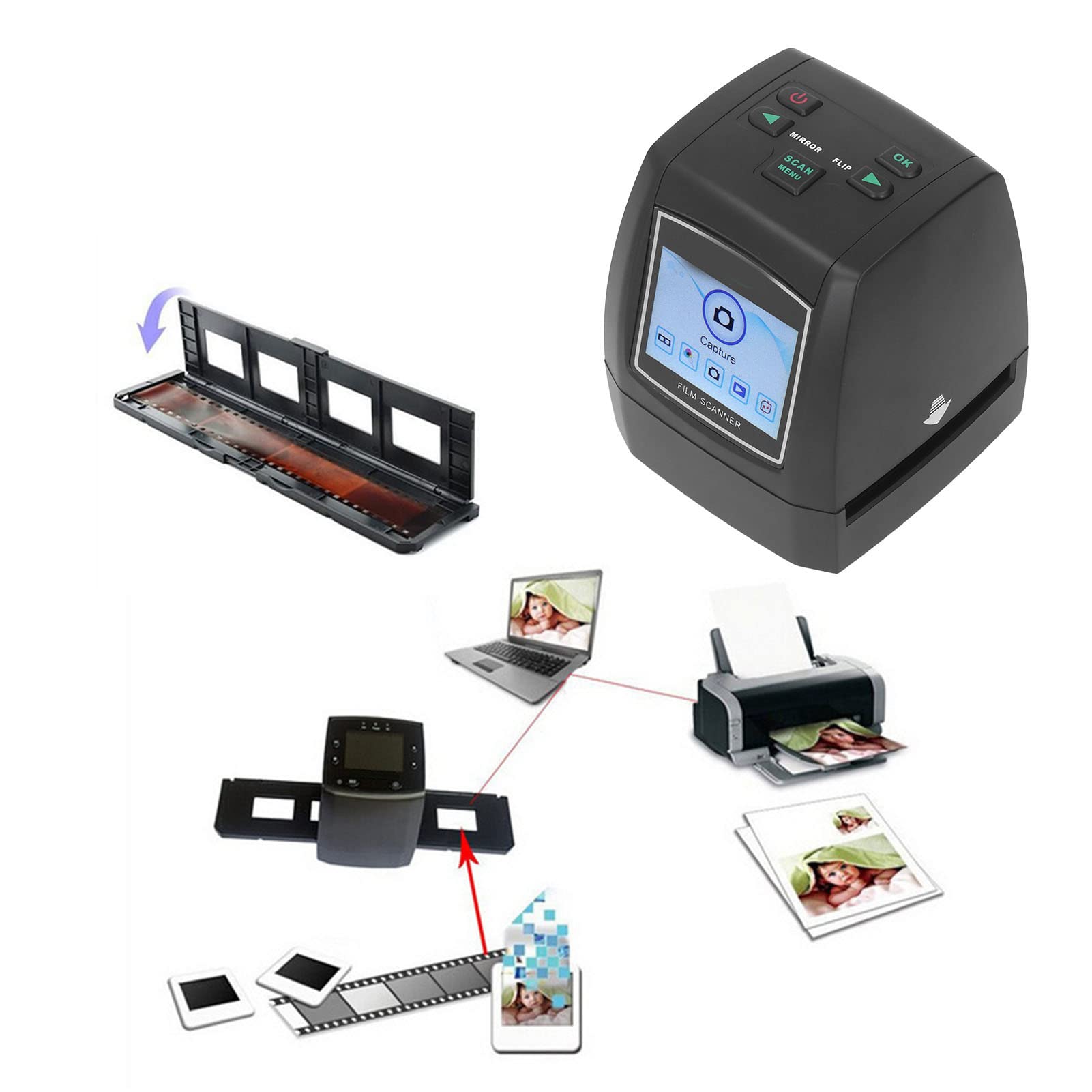 Fockety Scanner per pellicole Negative, USB2.0 22MP Display TFT a Colori da 2,4 Pollici Scanner per pellicole digitali USB 5V1A Scanner per Diapositive per studi fotografici Istituti di Ricerca TV