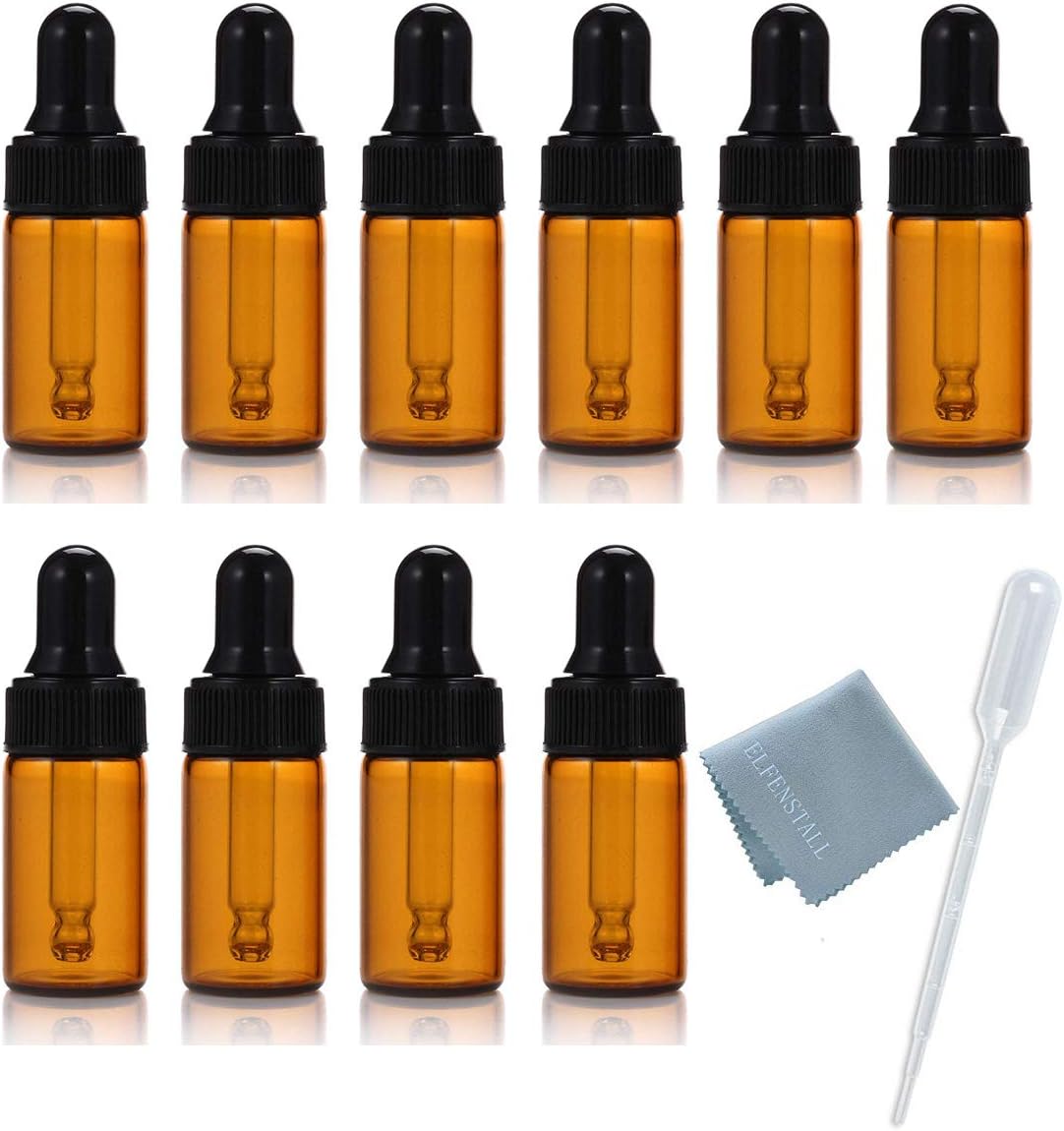 Elfenstall- 10pcs 10ml 1/3oz Amber Mini Glass Bottle Amber Sample Vial Small Essential Oil Bottle with Glass Eye Dropper Refillable Containers + 1pc Clean Cloth + 1pc 3ml Dropper