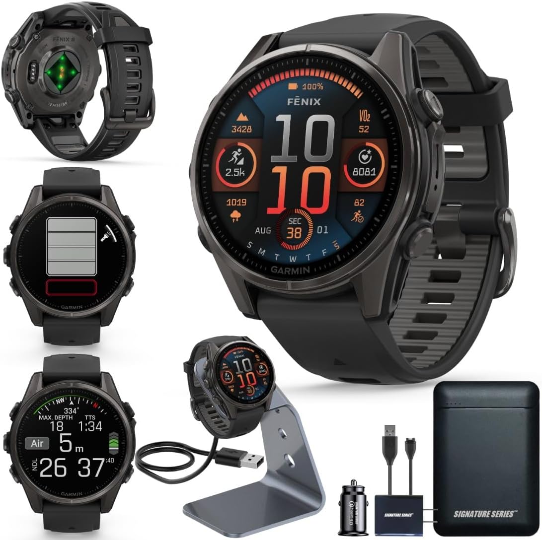 Garmin Fenix 8 Premium Multisport GPS Running Smartwatch, 43 mm | AMOLED, Dive-Rated, Built-in Flashlight | Carbon Gray DLC Titanium with Pebble Gray Band with Signature Series Charging Stand