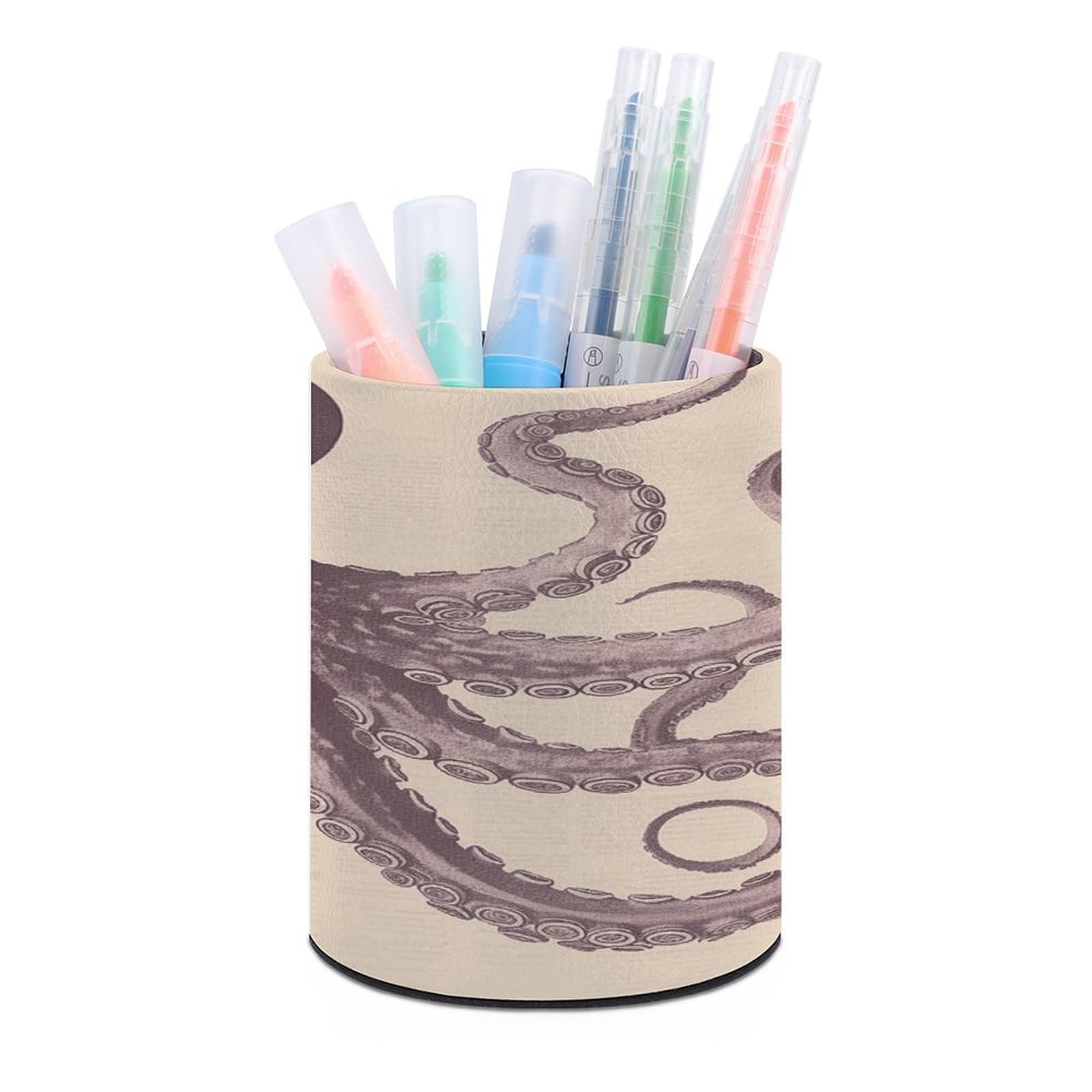 VstaDank - Round Octopus Pencil Holder Classic PU Leather Pencil Holder Desk Organizer Stand for Desk Office Desk Home Decor (3.1 x 3.9