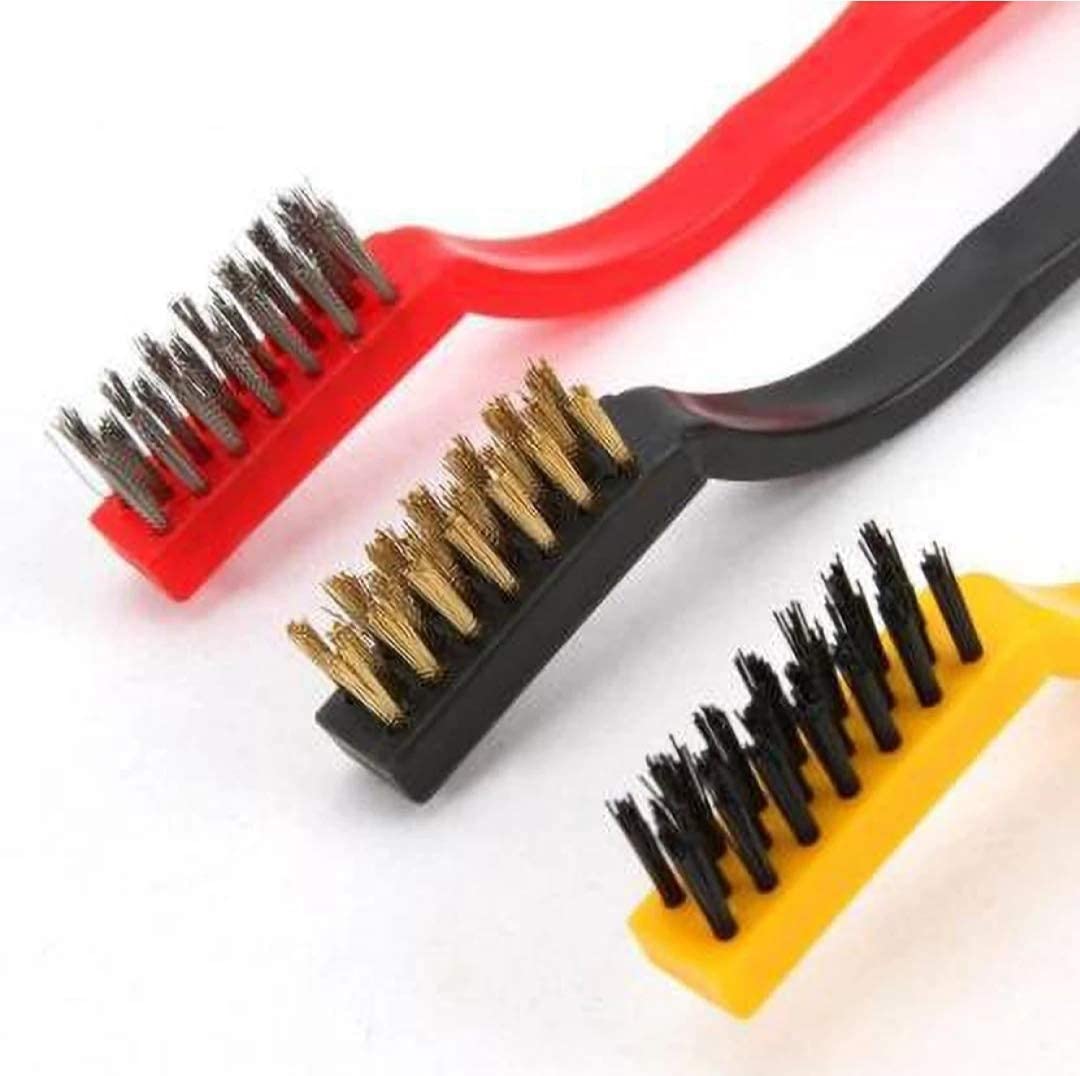 mini wire brush set,cleaning tool kit - brass, nylon, stainless steel bristles 3 pcs (color may vary)