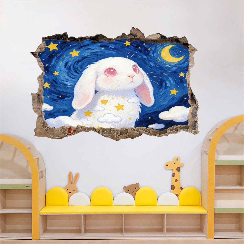 Pegatinas de decoración de pared 3D Lindos Conejos Pegatinas De Pared Calcomanías Murales De Pared Rotas 3D Luna, Estrellas, Nubes Vinilo De Pared Arte Hogar Decoración De Pared 112x75cm