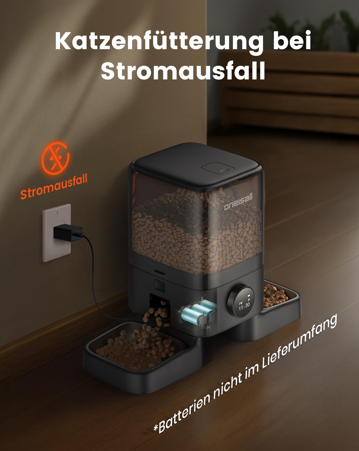 oneisall 5L Futterautomat Katze 2 Näpfe | Einfache Bedienung, 1–6 Mahlzeiten täglich, geeignet für Katzen und Hunde, mit 2 Edelstahlnäpfen, 2KG Trockenfutter speichern