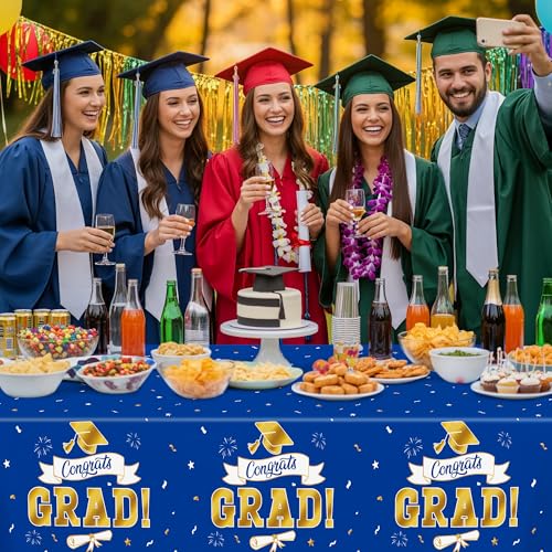 Image of 2Pack 2026 Graduation Decorations, 108 inch X 54 inch Graduation Tablecloth, Bluegold Disposable Table Cover for Grad Party Favors Supplies, Rectangle Plastic Tablecover for Class 2026 Congrats Grad for Kids