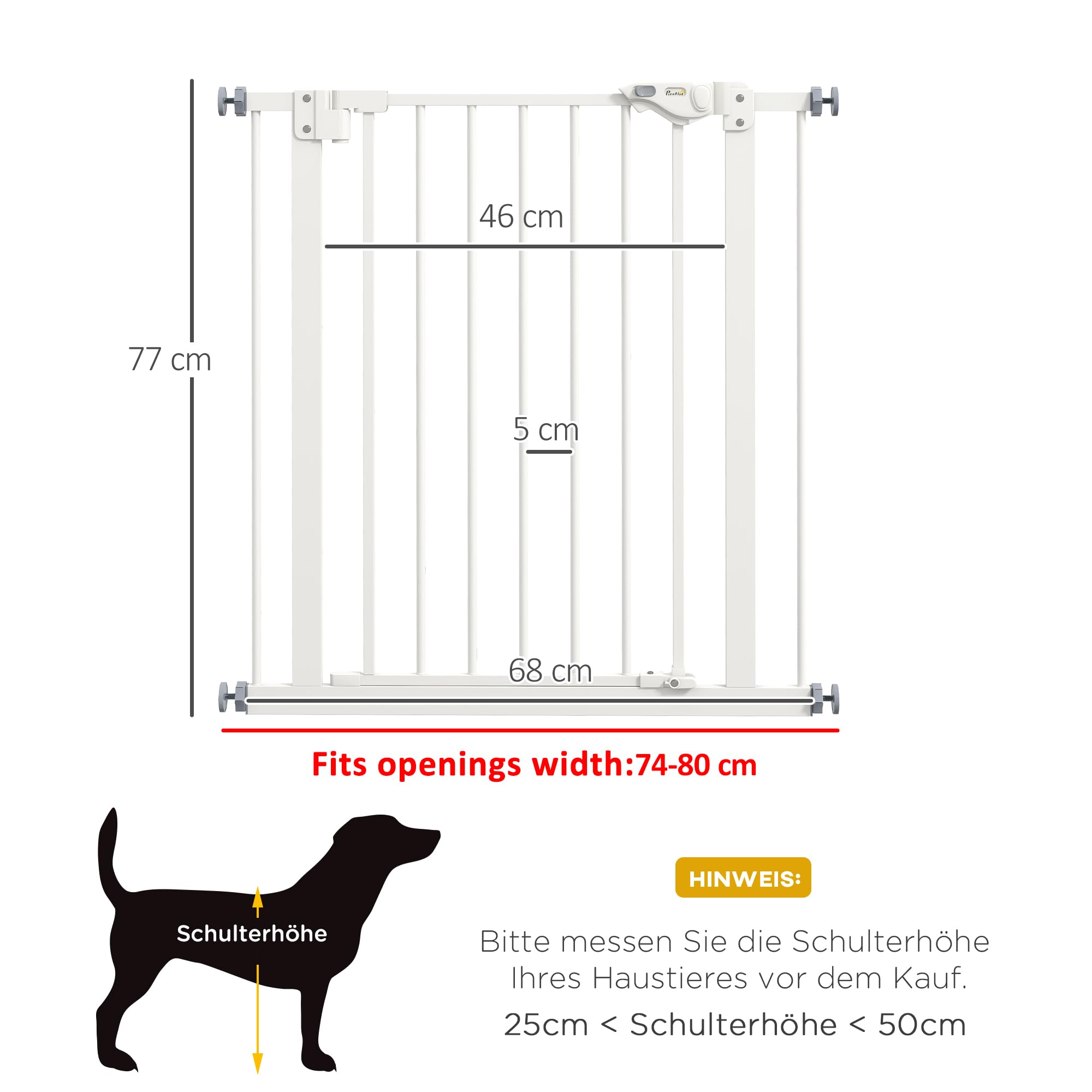 PawHut Puerta de Seguridad para Perros, Puerta de Barrera, 74-80 cm, Puerta de Seguridad de Escalera para Mascotas, Puerta para Perros, Puerta de Seguridad sin taladrar, Metal, plástico, Blanco | Reja de protección para escaleras, puerta y escalera, orien